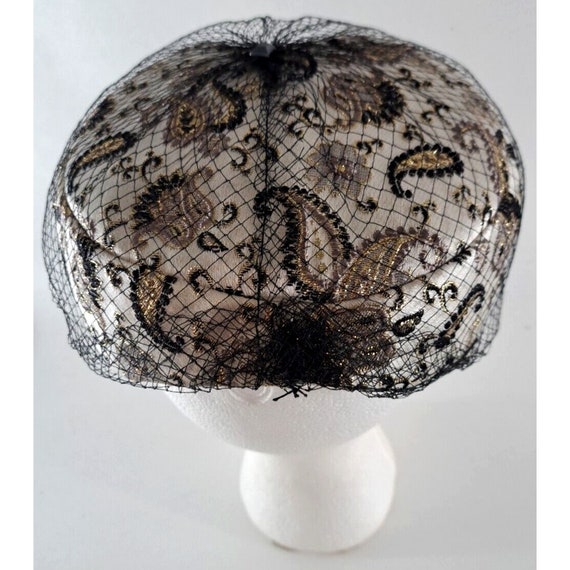 Vintage Womens Hat Black Veil White Paisley Art D… - image 6