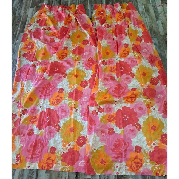 VTG Vorhang Panels Set Psychedelisch Orange Pink Floral 1960er Jahre Flower Power 83x23