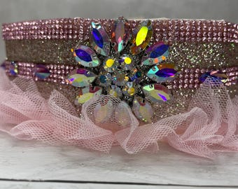 Collar Pink Lace & Holographic Flower Dog Collar
