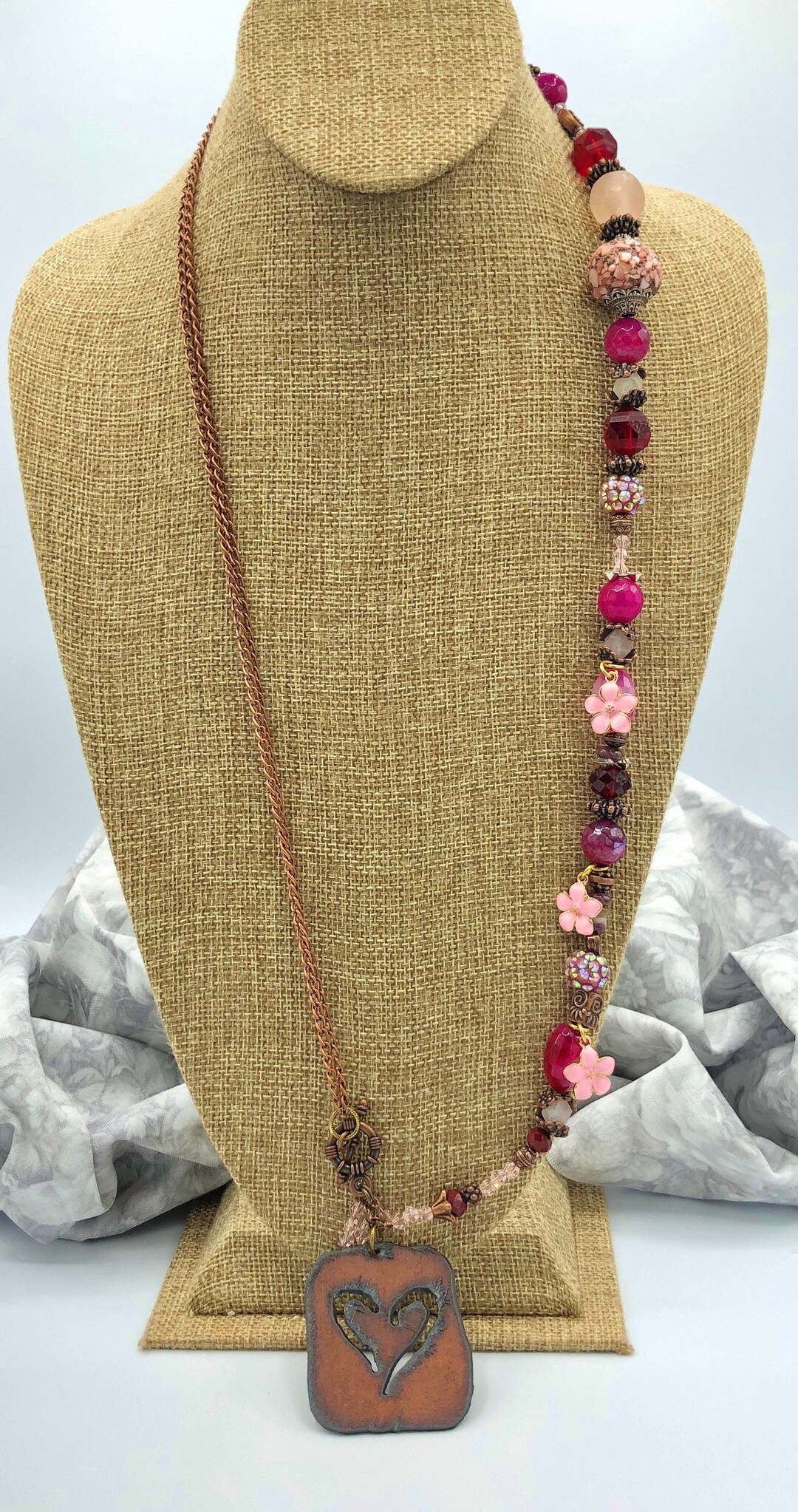 Cranberry Heart Lariat Necklace and Earring Set Pink Flowers - Etsy