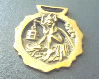 Vintage HORSE BRASS Cornwall or Devon Pixie Holding Lantern Design
