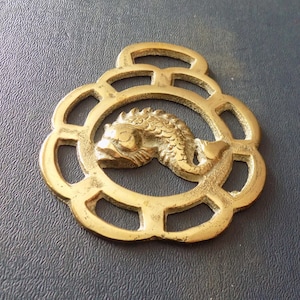 Puede incluir: Un antiguo herraje de latón para caballo con un diseño detallado de pez dentro de un marco calado decorativo. El latón tiene un tono dorado cálido y muestra signos de edad, lo que aumenta su encanto antiguo. El pez está centrado en una abertura circular.