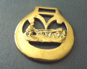 Antique cast HORSE BRASS " Speed the Plough " Ploughing team Design