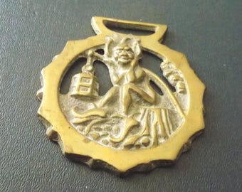 Vintage HORSE BRASS Cornwall or Devon Pixie Holding Lantern Design Reg Des No 821710