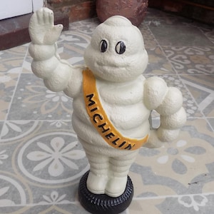 MICHELIN MAN Waving Stood on Tyre Cast Iron Money Box 25cm tall
