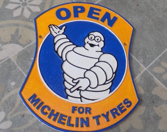 Superb Heavy Cast Iron " Open for MICHELIN TYRES " Michelin Man Advertising Sign or Plaque