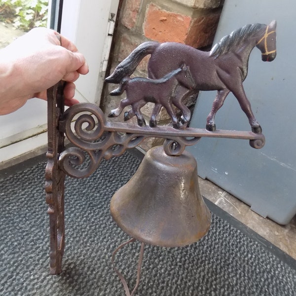 Hand painted Cast Iron " Superb Decorative Heavy Black HORSE & FOAL Themed Wall Mounting Bell "