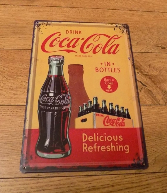 TIN SIGN “Coke” Real Thing Vintage Mancave Beverage Drink Kitchen Refreshment