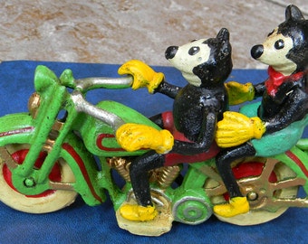 Hand painted Cast Iron MICKEY and MINNIE MOUSE riding a Harley Davidson