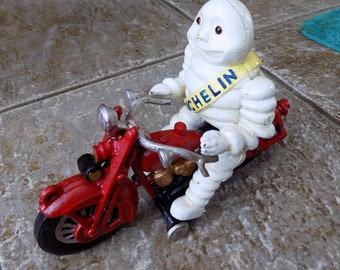 Superb Hand painted Cast Iron " MICHELIN MAN on Red Harley Davidson Motorcycle "