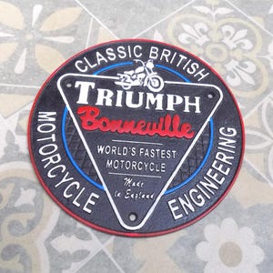 Heavy Cast Iron Sign TRIUMPH BONNEVILLE Worlds Fastest Motorcycle 4 Colour Sign