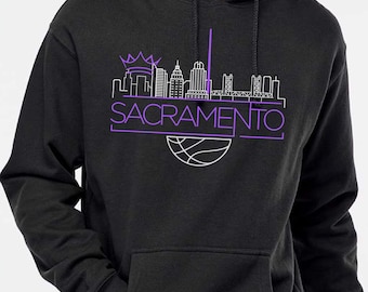 Light The Beam City Skyline - Sacramento Basketball Kings Hoodie, Purple & Grey - Midweight Hooded Sweatshirt