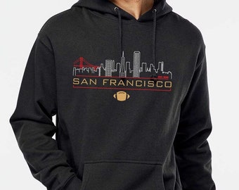San Francisco City Skyline, SF Football Niners Established 1946 Hoodie - Red & Gold Print, Midweight Hooded Sweatshirt, Unisex