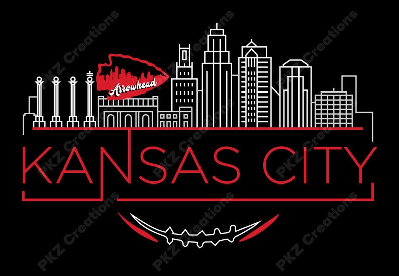 May include: Black graphic design featuring a Kansas City skyline in white and red. The word "KANSAS CITY" is displayed in red, with an arrowhead and a football-shaped design at the top and bottom. The design is on a black background.