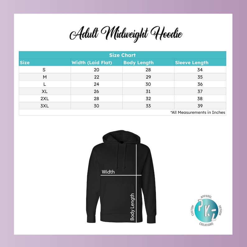 May include: Black adult midweight hoodie with a size chart. The chart shows measurements in inches for width, body length, and sleeve length for sizes S to 3XL. The hoodie has a hood and a front pocket.