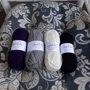 25 PERCENT OFF SALE    Knit Picks Merino Style Yarn - Silver, Cream (Aran), Black, and Eggplant