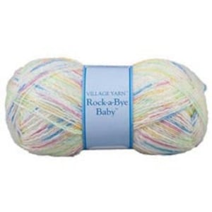May include: A skein of Village Yarn Rock-a-Bye Baby yarn in a multi-colored pastel stripe pattern. The yarn is white with stripes of light blue, light green, light yellow, and pink.