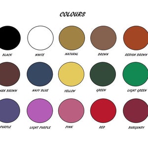 Puede incluir: Una carta de colores con 15 colores diferentes, incluyendo negro, blanco, natural, marr&oacute;n, marr&oacute;n rojizo, marr&oacute;n oscuro, azul marino, amarillo, verde, verde claro, morado, morado claro, rosa, rojo y burdeos.