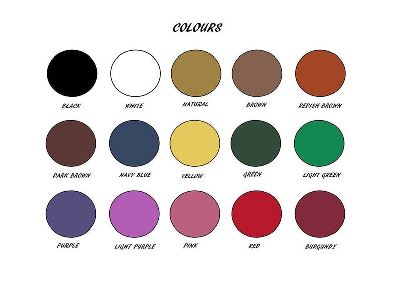 Puede incluir: Una carta de colores con 15 colores diferentes, incluyendo negro, blanco, natural, marr&oacute;n, marr&oacute;n rojizo, marr&oacute;n oscuro, azul marino, amarillo, verde, verde claro, morado, morado claro, rosa, rojo y burdeos.