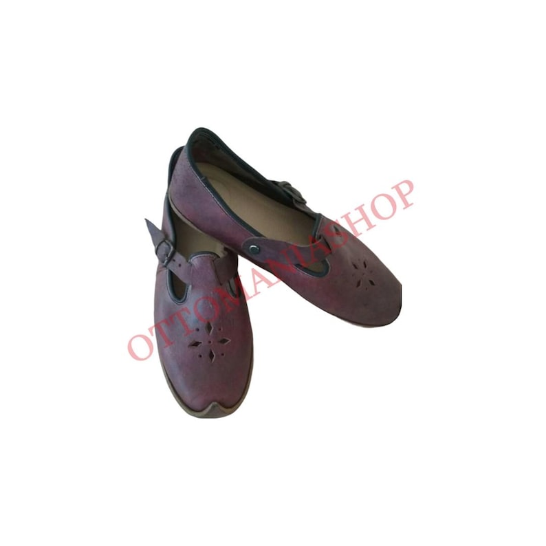 Puede incluir: Un par de zapatos de cuero burdeos con cierre de hebilla y detalles recortados. Los zapatos tienen una punta redonda y un tac&oacute;n bajo.