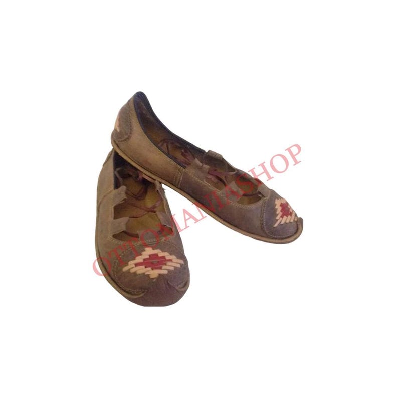 May include: A pair of brown leather shoes with pink and red embroidery. The shoes have a lace-up design and a pointed toe.