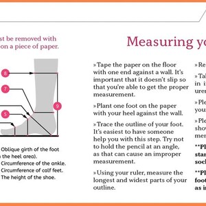 May include: Diagram showing how to measure your foot for boots.  The diagram shows a foot placed on a piece of paper with nine different measurements labeled with numbers.  The text explains how to take each measurement and includes instructions to take a picture of your foot while measuring.