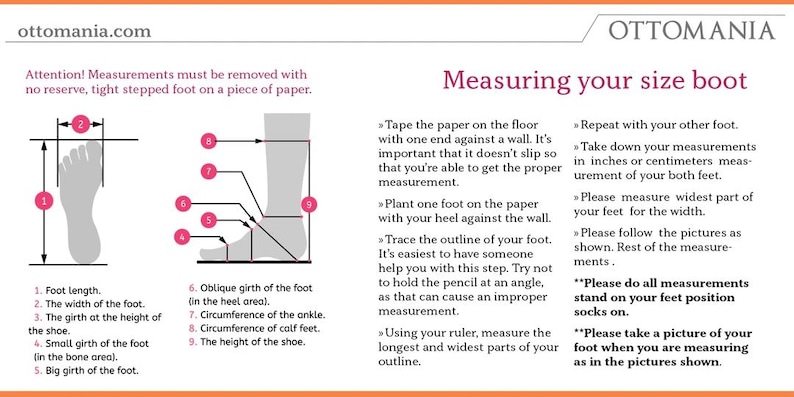 Puede incluir: Diagrama que muestra c&oacute;mo medir tu pie para botas. El diagrama muestra un pie colocado en una hoja de papel con nueve medidas diferentes etiquetadas con n&uacute;meros. El texto explica c&oacute;mo tomar cada medida e incluye instrucciones para tomar una foto de tu pie mientras mides.