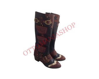 Handmade Boots,Buckled Heeled Boots,Punk Boots Women,Festival Clothing,Steam Punk Boots,Genuine Leather Tall Punk Boot for Women,Gothic Boot