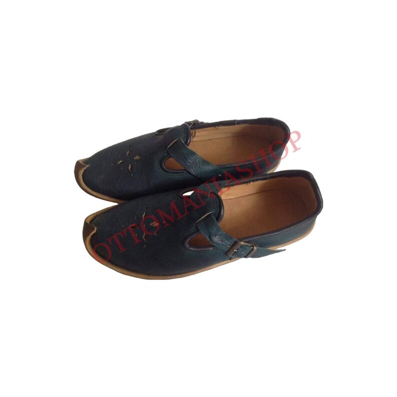Puede incluir: Un par de zapatos de cuero azul oscuro con una hebilla. Los zapatos tienen una punta puntiaguda y una suela plana.