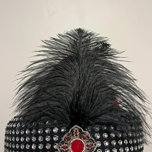 Peut inclure: Coiffe noire perlée avec une grande plume de plumes noires. Le couvre-chef est orné de nombreux strass transparents et d'un élément décoratif central avec une pierre rouge.