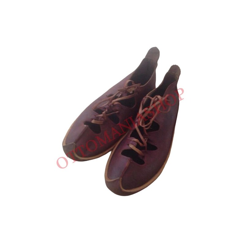 May include: A pair of brown leather sandals with laces. The sandals have a cut-out design and are tied at the ankle.