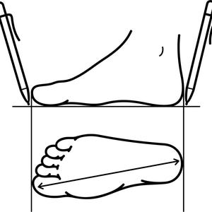 May include: A black and white line drawing showing how to measure a foot. The drawing shows a foot with a pen at each end of the foot. The second part of the drawing shows a foot with a line drawn across the bottom of the foot and an arrow pointing to the right.