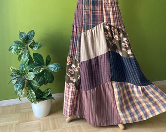 Long Brown Skirt, Patchwork, Lovely Bohemian, Hippie, Boho skirt handmade from recycled fabric - handmade skirt, XL-1X