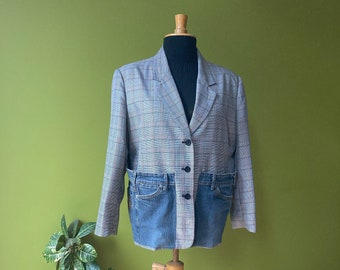 Reworked Back Ribbing Blazer: Handmade Oversize Jacket featuring Upcycled Denim Pockets- Sustainable Women'swear