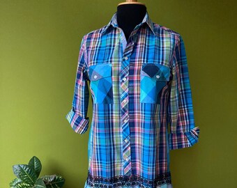 1X Recycled Fabric Dress Refasioned UpCycled Men's Shirt  Shabby Chic Shirt Recycled Fabric Dress  Boho Bohemian Patchwork Shirt