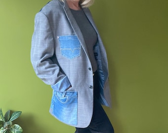 Handmade oversized men's blazer jacket, reworked jacket with denim appliqués and patchwork on the back. Recycled for women and men.
