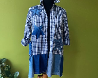 One-of-a-Kind Shabby Chic shirt - Upcycled Women's Clothing, Large denim stars , Boho Art Top, Sizes L-1X