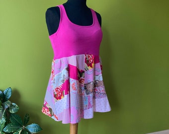 Pink Patchwork tank top, Women's Swing Top, Tunic Free People Funky, Patchwork Style, Empire waist top, Eco-Friendly, M - L