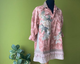 Unique Gypsy Patchwork Tunic with Floral Appliques and Lace Ruffles - Eco-friendly, Handmade Clothing for Women Size M-2X