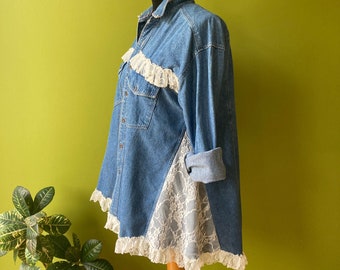 Denim Babydoll Tunic Dress Boho Bohemian Patchwork Artistic Rustic Shabby Chic Gypsy UpCycled Recycled  Free People Funky Patchwork L-2X