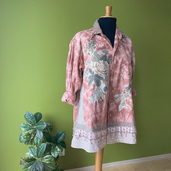 Unique Gypsy Patchwork Tunic with Floral Appliques and Lace Ruffles - Eco-friendly, Handmade Clothing for Women Size M-2X