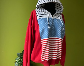 Felpa con cappuccio riciclata, patchwork, abbigliamento ecologico, stile marinaro rivisitato, felpa con cappuccio funky, oversize e super comoda