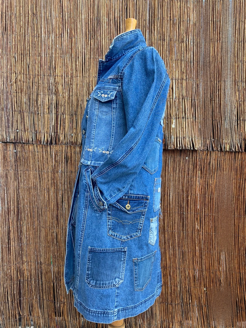 L Upcycle Denim Jacket Coat Long Recycled Denim Jacket - Etsy