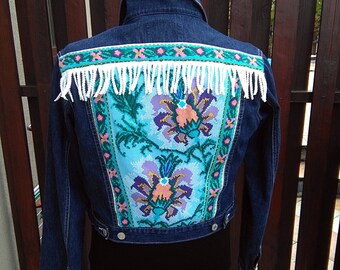 L Bohemian upcycled clothing denim jacket Romantic fringe jacket / UPCYCLED jacket festival, jacket aztec, ethnic hippie Embellished, Boho