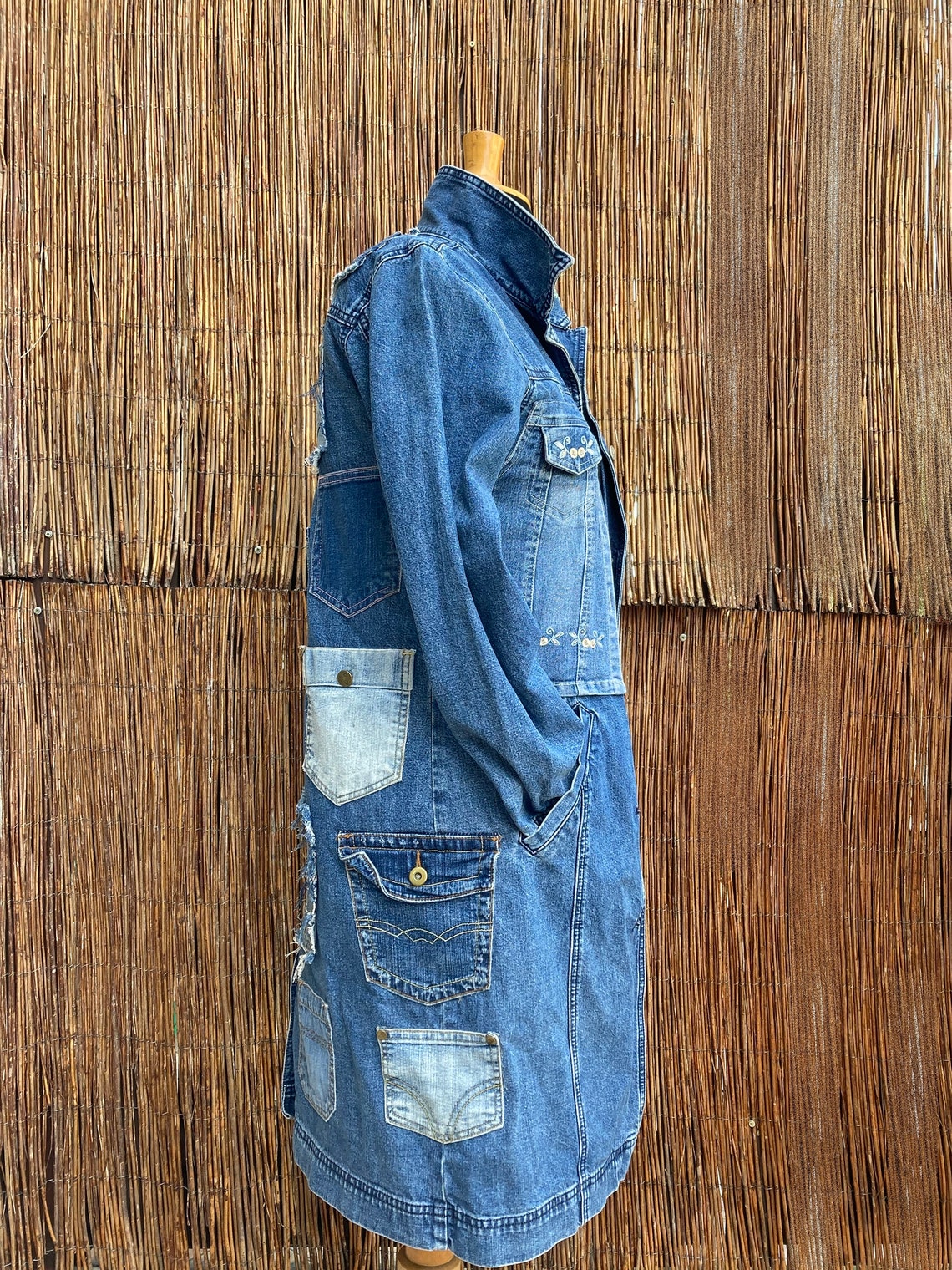 L Upcycle Denim Jacket Coat Long Recycled Denim Jacket Etsy