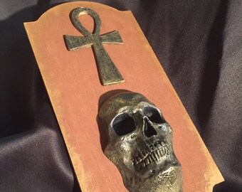 OOAK Faux Bronzed Ankh & Skull Egyptian Cartouche Plaque curio , "Life and Death" display prop Haunt Horror Halloween