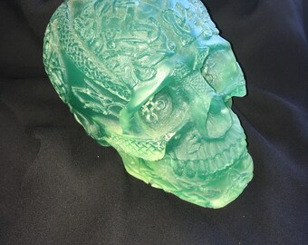 Resin Crystal Skull “coke bottle glass” color Celtic pattern prop decor