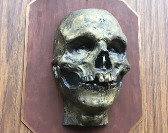 Faux Bronzed Skull Face Plaque , severed Head , foam prop Haunt Horror Halloween