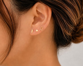 Tiny Gold Stud Stacking Earring Set | Minimalist Geometric Earrings | Bar Triangle Oval Studs | Modern Everyday Jewelry
