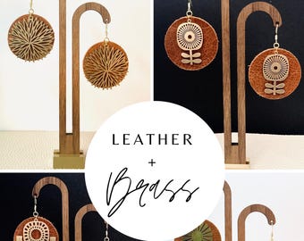 Flower + Leather Earrings // Brass Vintage Flower Earrings // Dandelion Earrings